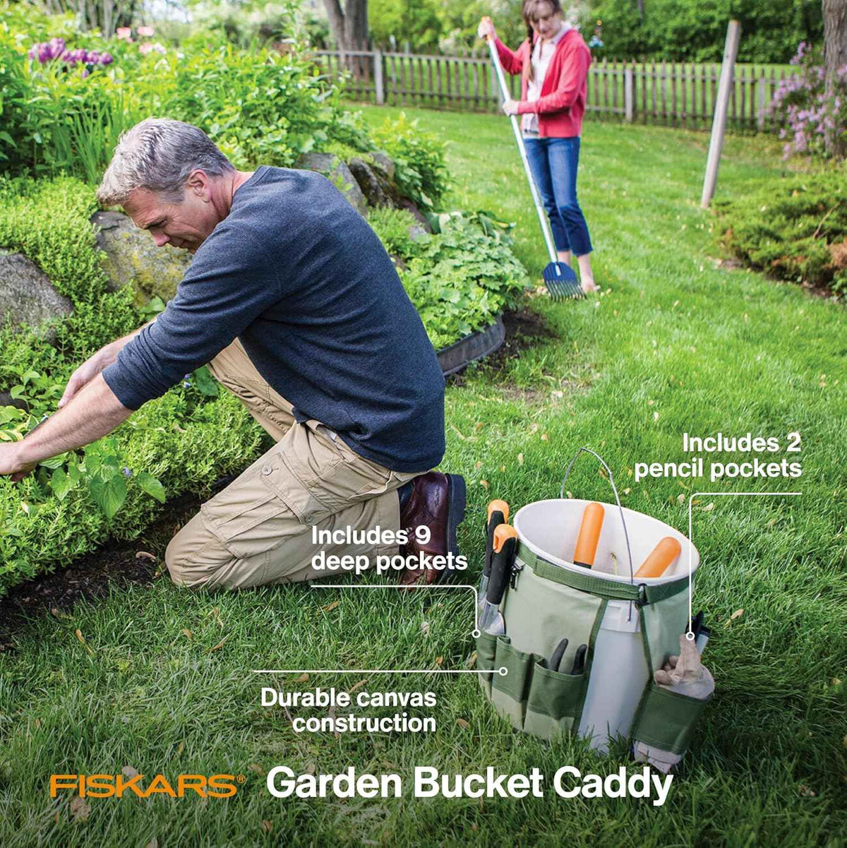 Fiskars 5 Gallon Garden Tool Bucket Caddy, Bucket & Tools Not Included | Canvas Caddy Fits Snug on a 5 Gallon Bucket to Carry All Your Gardening Essentials and Free Up Bucket Space for Yard Waste