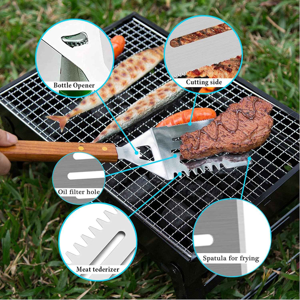 IMAGE Wooden BBQ Accessories Grilling Tools,Stainless Steel BBQ Tools Grill Utensils Set for Outdoor Grill, Cooking, Backyard Barbecue & Camping Gift for Man Dad Women Barbecue Enthusiasts Set of 4