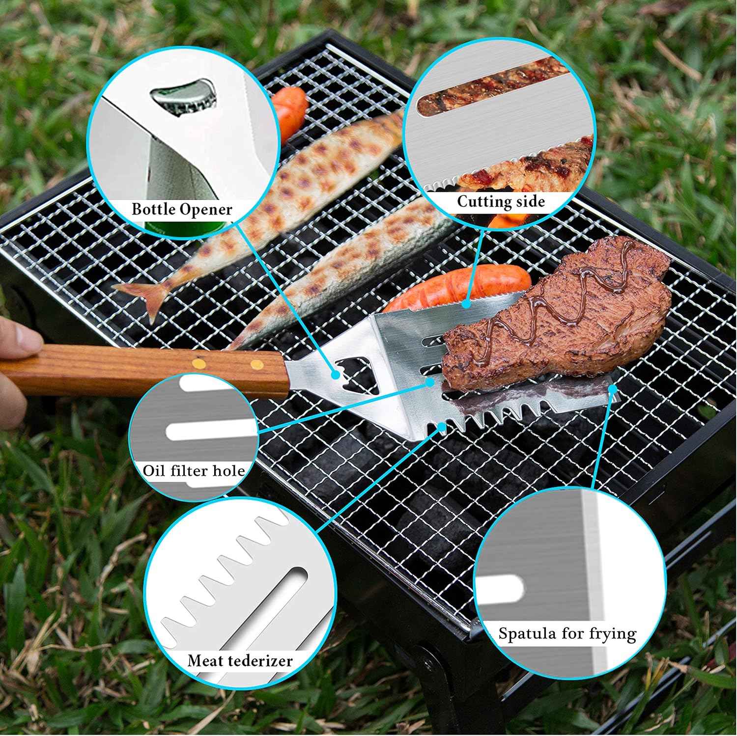 IMAGE Wooden BBQ Accessories Grilling Tools,Stainless Steel BBQ Tools Grill Utensils Set for Outdoor Grill, Cooking, Backyard Barbecue & Camping Gift for Man Dad Women Barbecue Enthusiasts Set of 4