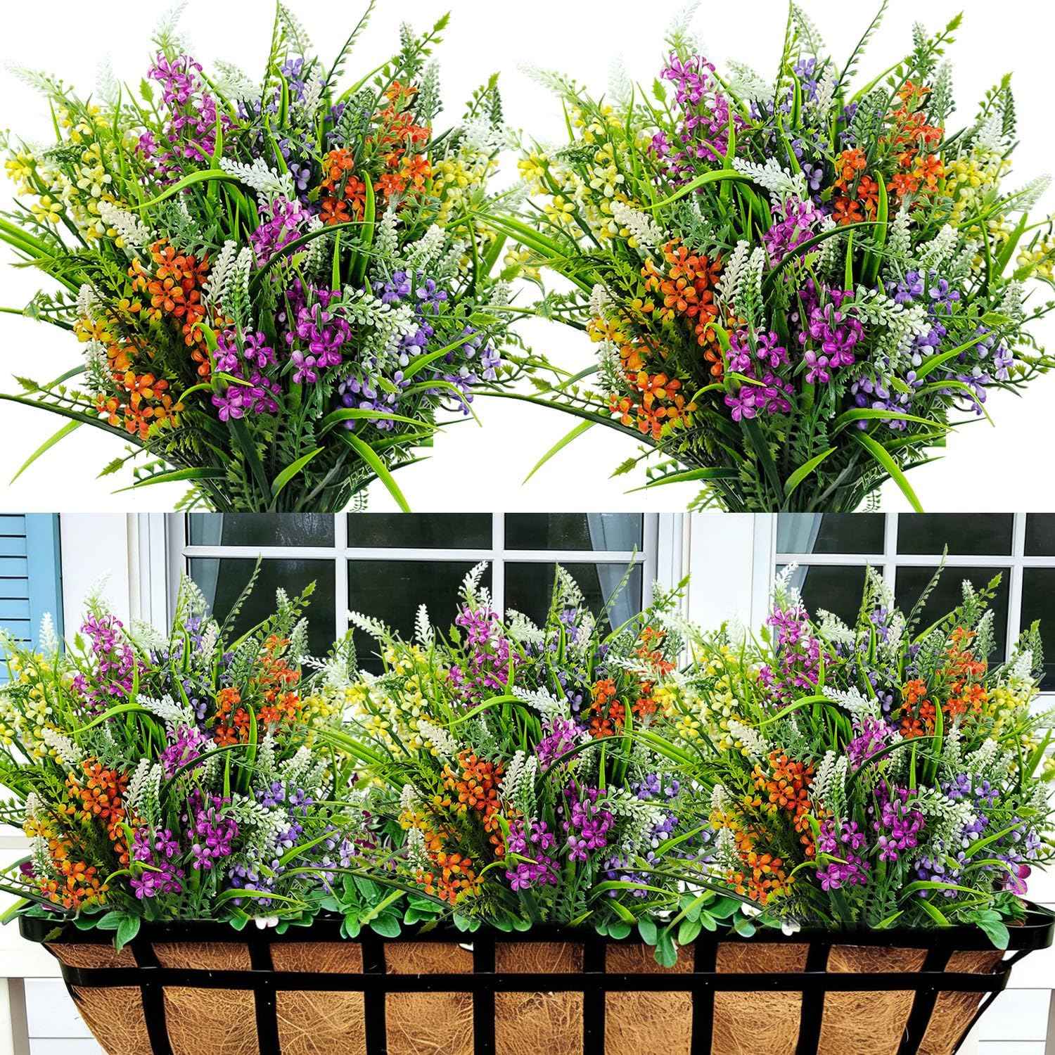 8 Bundles Artificial Flowers for Outdoors Faux Plants Greenery Shrubs UV Resistant for Porch Balcony Patio Garden Home Decor