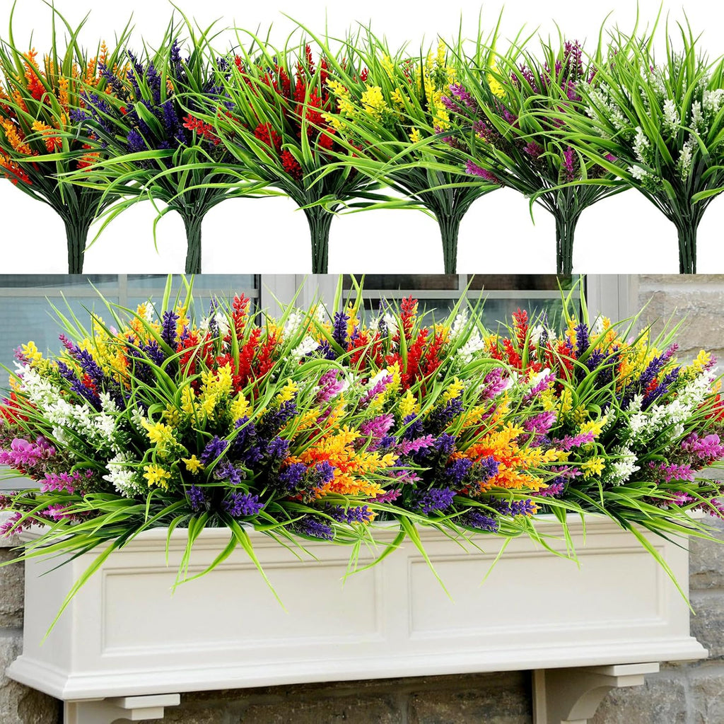 24 Bundles Artificial Plants Flowers Outdoor, UV Resistant,Mix 6 Colors | Faux Plants with Monkey Grass, Realistic Plastic Flowers for Garden Porch Window Box Patio Hanging Planter Decor