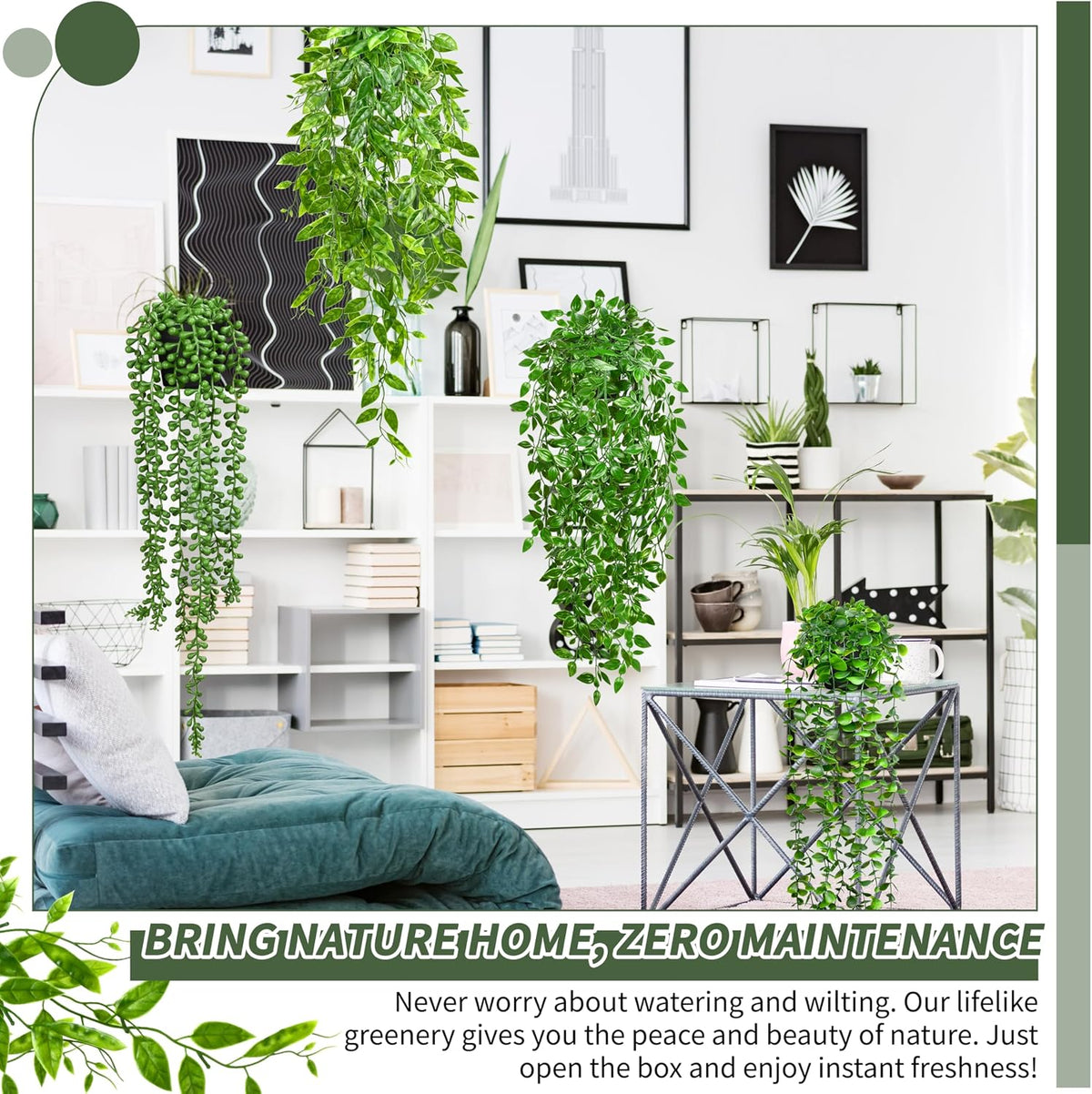 Palonu 4 Pack Faux Artificial Hanging Plants, UV Resistant Fake Potted Greenery with Eucalyptus Vine, Mandala, Pea Pod Leaves & String of Pearls in Pots for Living Room Bathroom Indoor Outdoor Décor