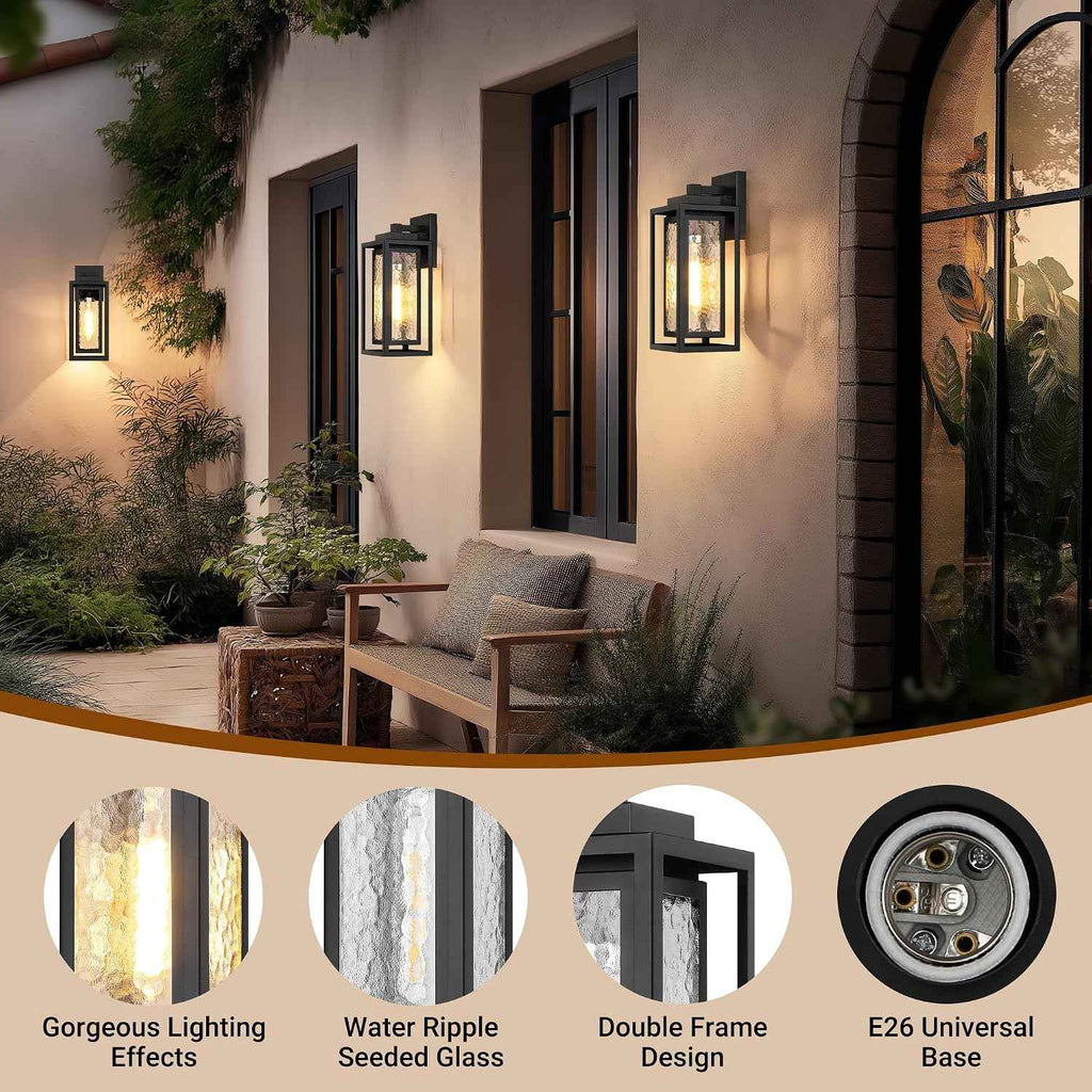 WIHTU 15.78'' Exterior Porch Light Fixture,Outdoor Wall Sconce Lights,Black | Water Ripple Glass , Rustproof Double Metal Frame, Waterproof. T30 Bulbs Included. 2 Packs, Outdoor & Indoor, For Porch