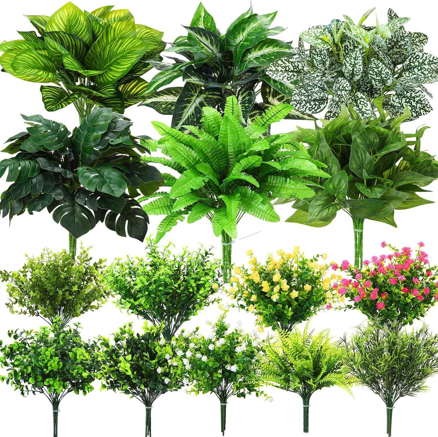 Thiccywoov 60 Bundles Outdoor Artificial Fall Flowers Bulk,Spring,Green | Fake Autumn Plants 15 Styles, UV Resistant Plastic Plants, for Window Box Porch Patio Home Garden, Thanksgiving Fall Decor