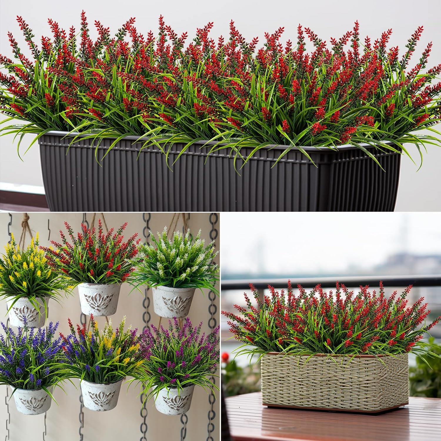 Artificial Flowers for Outdoor Plants 24Bundles Fake Lavender UV Resistant | Realistic Plastic Faux Monkey Grass for Greenery Outdoor Artificial Plants Garden Patio Front Porch for Decor (Red)