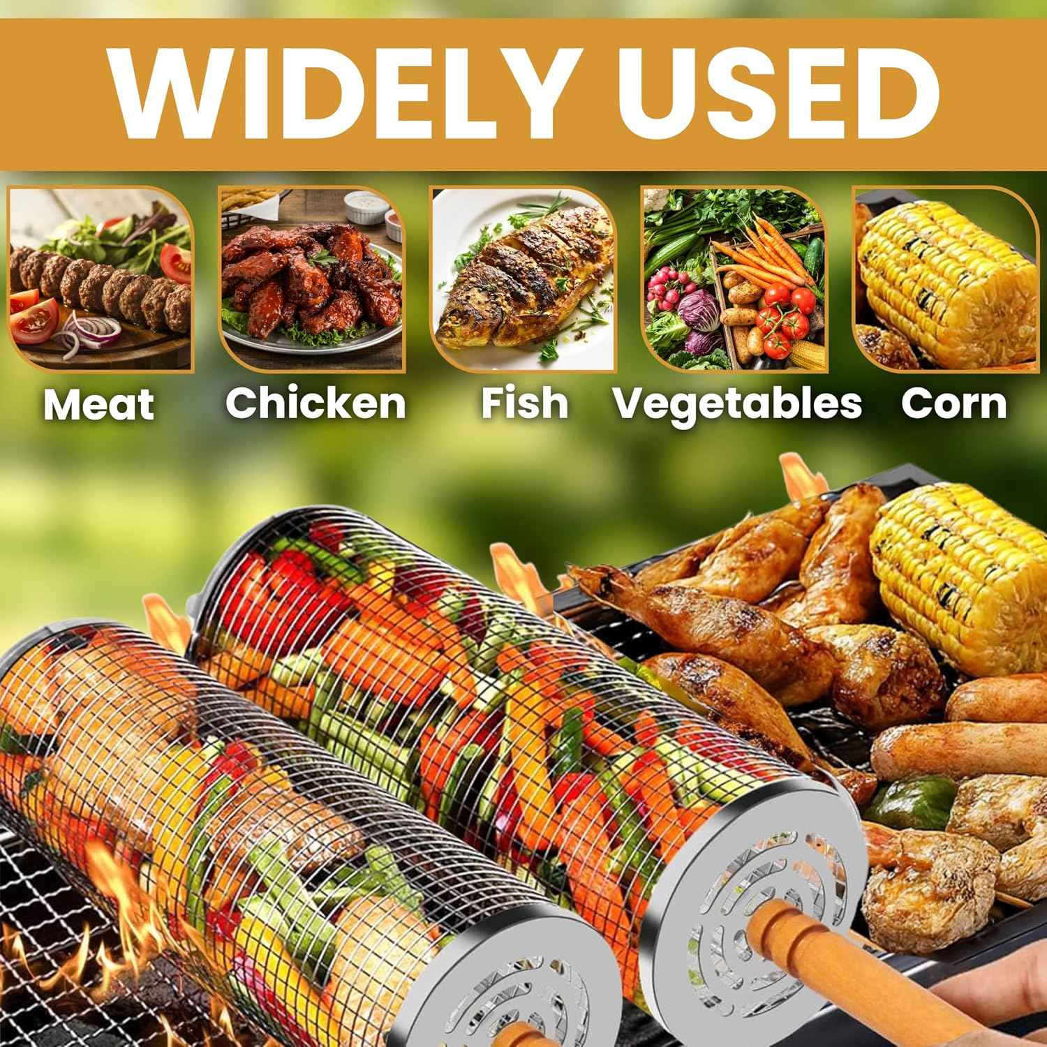 2X Rolling Grill Basket For Veggies Removable Wooden Handle 304 Stainless Steel Nesting Smoker Net BBQ Grilling Accessories Tools Kebab Fish Vegetable Steamer Basket Camping Cooking Outdoor Kitchen Food Rotisserie Barbeque Cooking Grilling Gifts For Me...