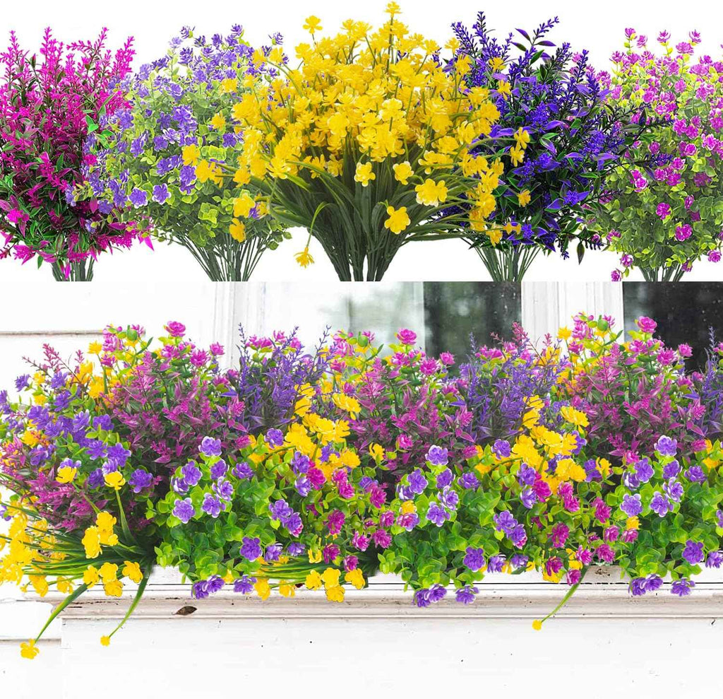 Grunyia 20 Bundles Artificial Flowers Outdoor UV Resistant No Fade Fake Plants Faux Plastic Shrubs for Garden Patio Porch Window Box Home Wedding Farmhouse Hanging Décor