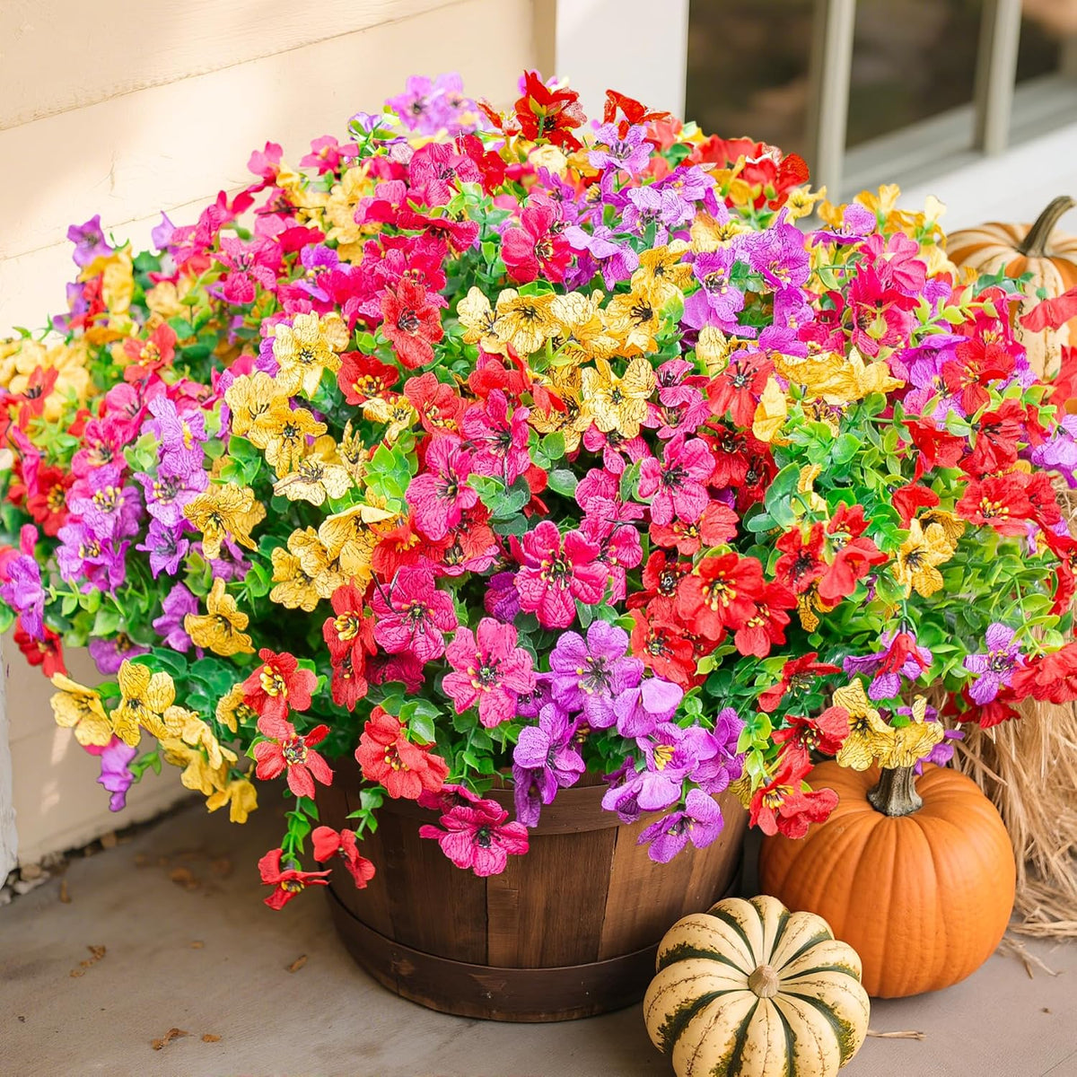 Daisy Artificial Flowers for Outdoors Decor, 12 Bundles Faux Daisy with Eucalyptus Fake Plants Greenery UV Resistant Look Real Colorful Faux Flowers for Outside Planter Porch Patio Yard Gardens, Mix