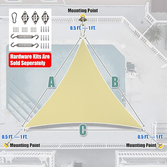 Amgo 32' x 32' x 32' Beige Triangle Sun Shade Sail Outdoor Canopy Awning UPF50+ - Image 8
