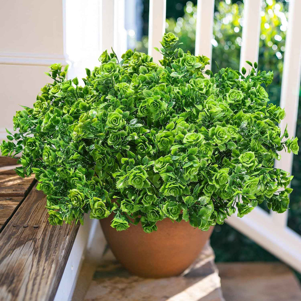 HyeFlora Artificial Plants for Outdoors Outside Spring Summer Decoration, 12 Bundles Faux Green Plastic Leaves Stems Bulk Fake Greenery Look Real UV Resistant for Home Porch Patio Planter Yard Wedding