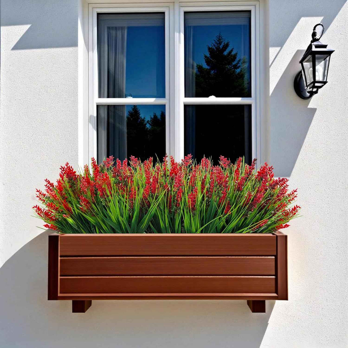 Artificial Plants Outdoor Fake Monkey Grass 12 Bundles Fake Outdoor Flowers | Red Artificial Flowers UV Resistant Fake Plants Outdoor Faux Greenery for Porch Pathway Yard Fall Winter Décor Outside Indoor