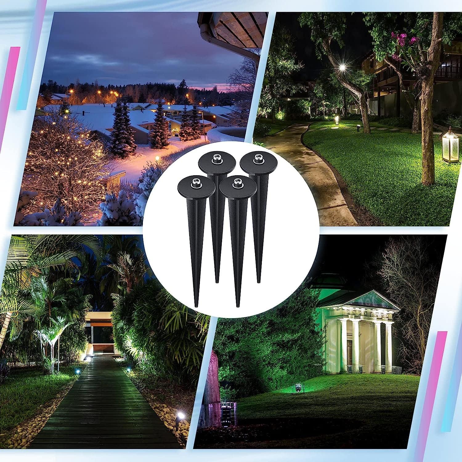 4 Packs Threaded Spike Flood Light Ground Stake Metal Replacement Stakes for Solar Lights Outdoor LED Solar Light Stakes with 4 Hex Screws for Gardens Yard Path Lawn 6.3 Inches