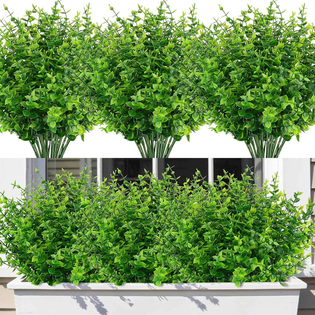 24 Bundles Fake Plants Artificial Greenery Stems for Outdoors | UV resistant, faux eucalyptus, plastic plants, no maintance, indoor outdoor garden farmhouse porch patio windowbox home decor