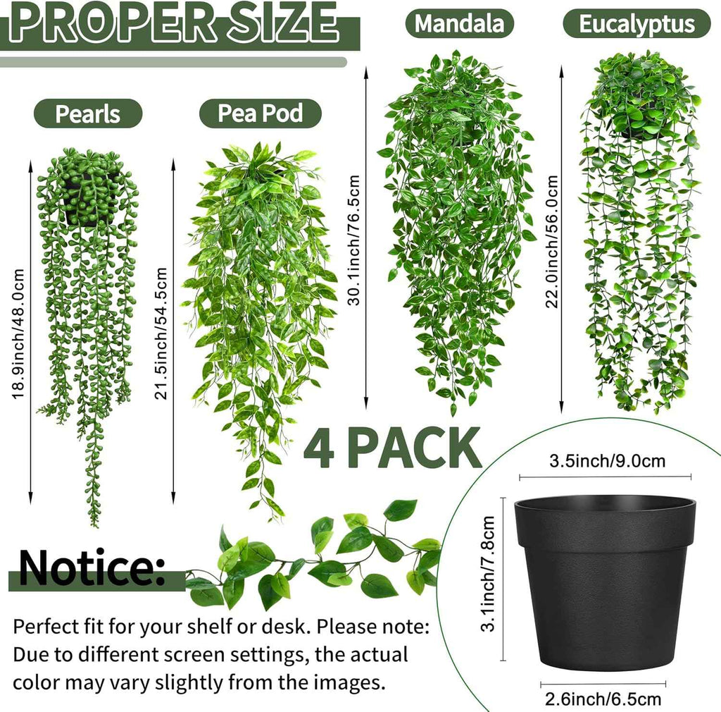 Palonu 4 Pack Faux Artificial Hanging Plants, UV Resistant Fake Potted Greenery with Eucalyptus Vine, Mandala, Pea Pod Leaves & String of Pearls in Pots for Living Room Bathroom Indoor Outdoor Décor