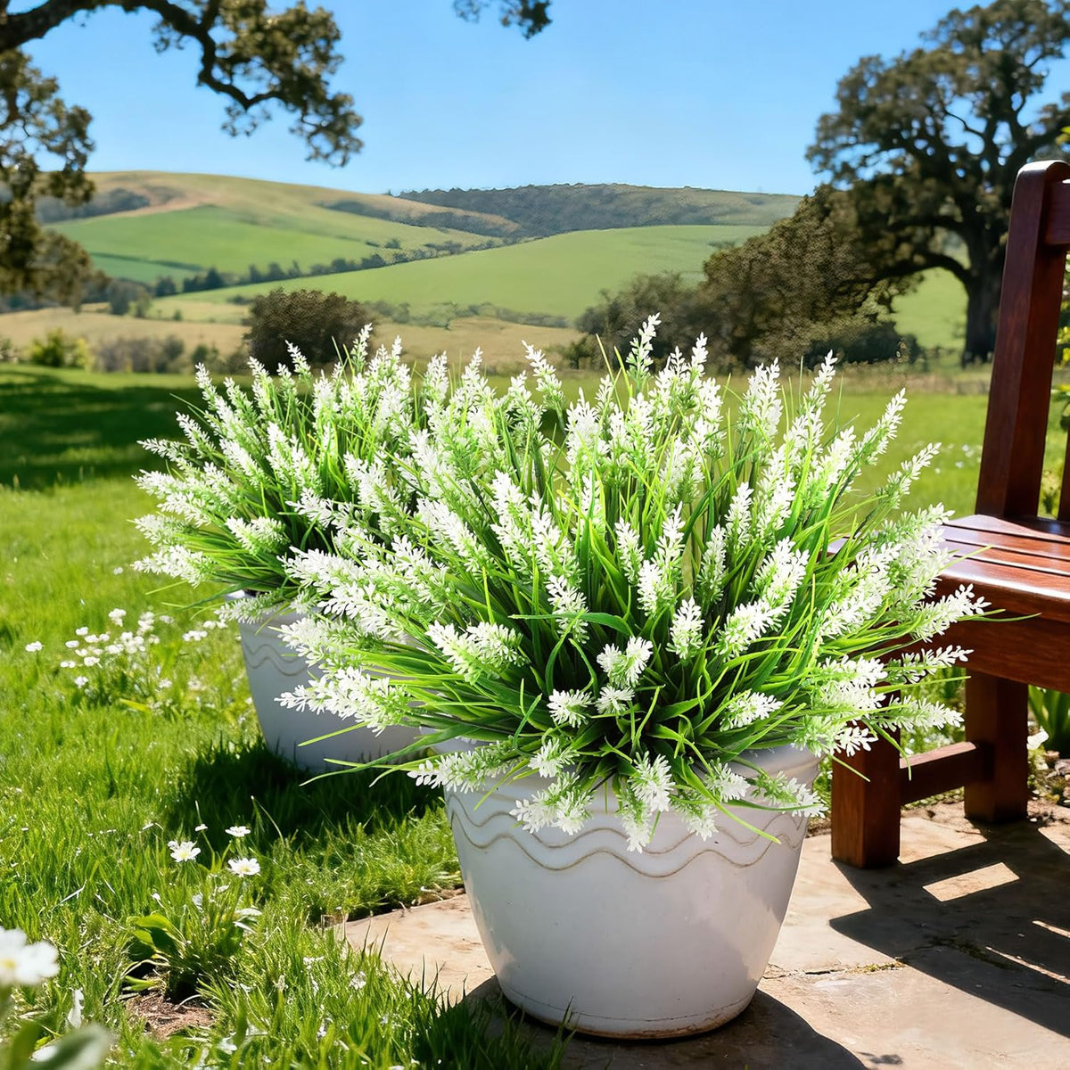 16PCS Artificial Flowers Outdoor, Fake White Monkey Grass Plants | UV Resistant, Plastic, Planter Filler for Hanging Baskets, Window Boxes & Planters, Porch, Patio Outdoor Decor