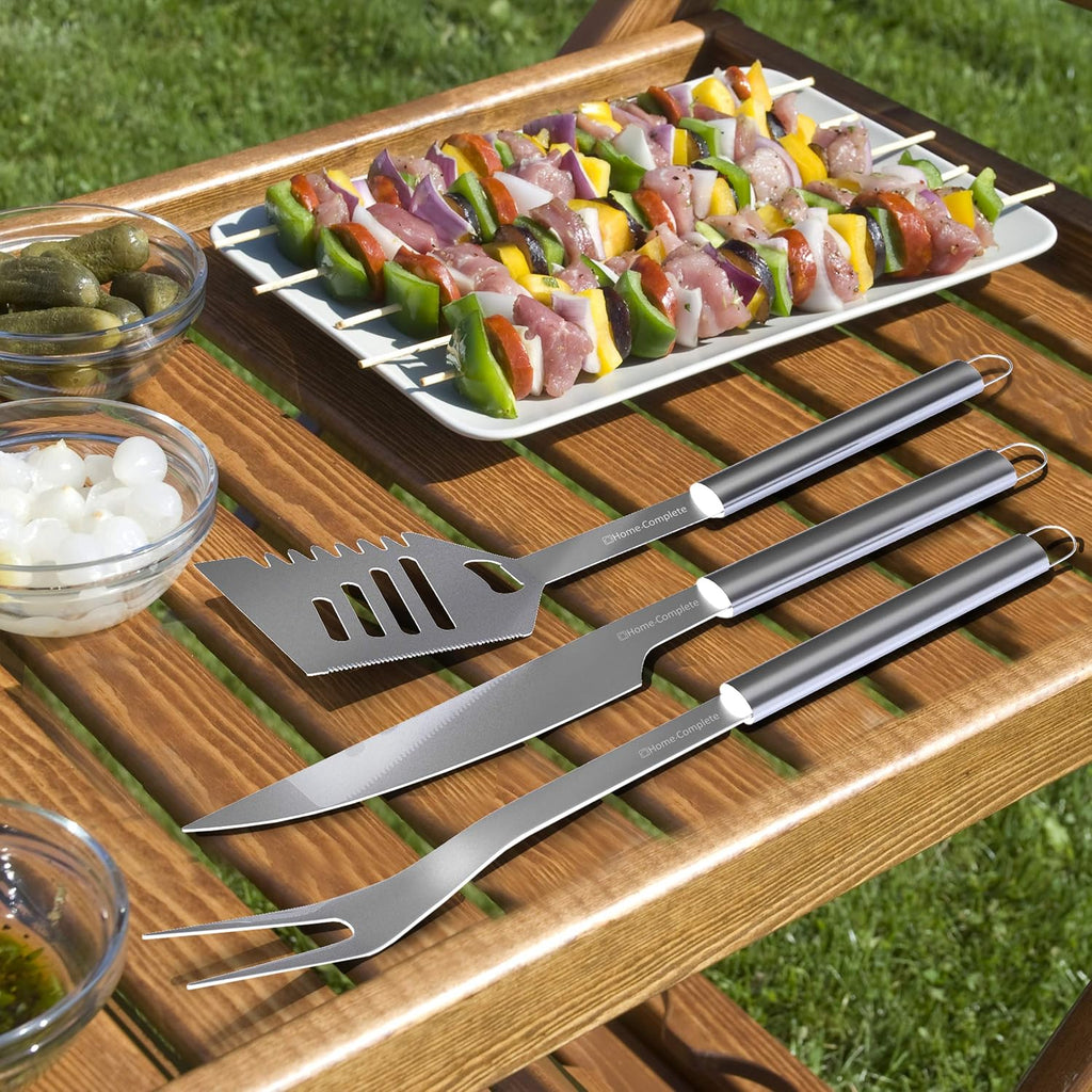 7-Piece Stainless-Steel BBQ Cooking Utensils Set - Barbecue Grill Accessories with Aluminum Portable Handled Storage Case by Home-Complete (Silver)