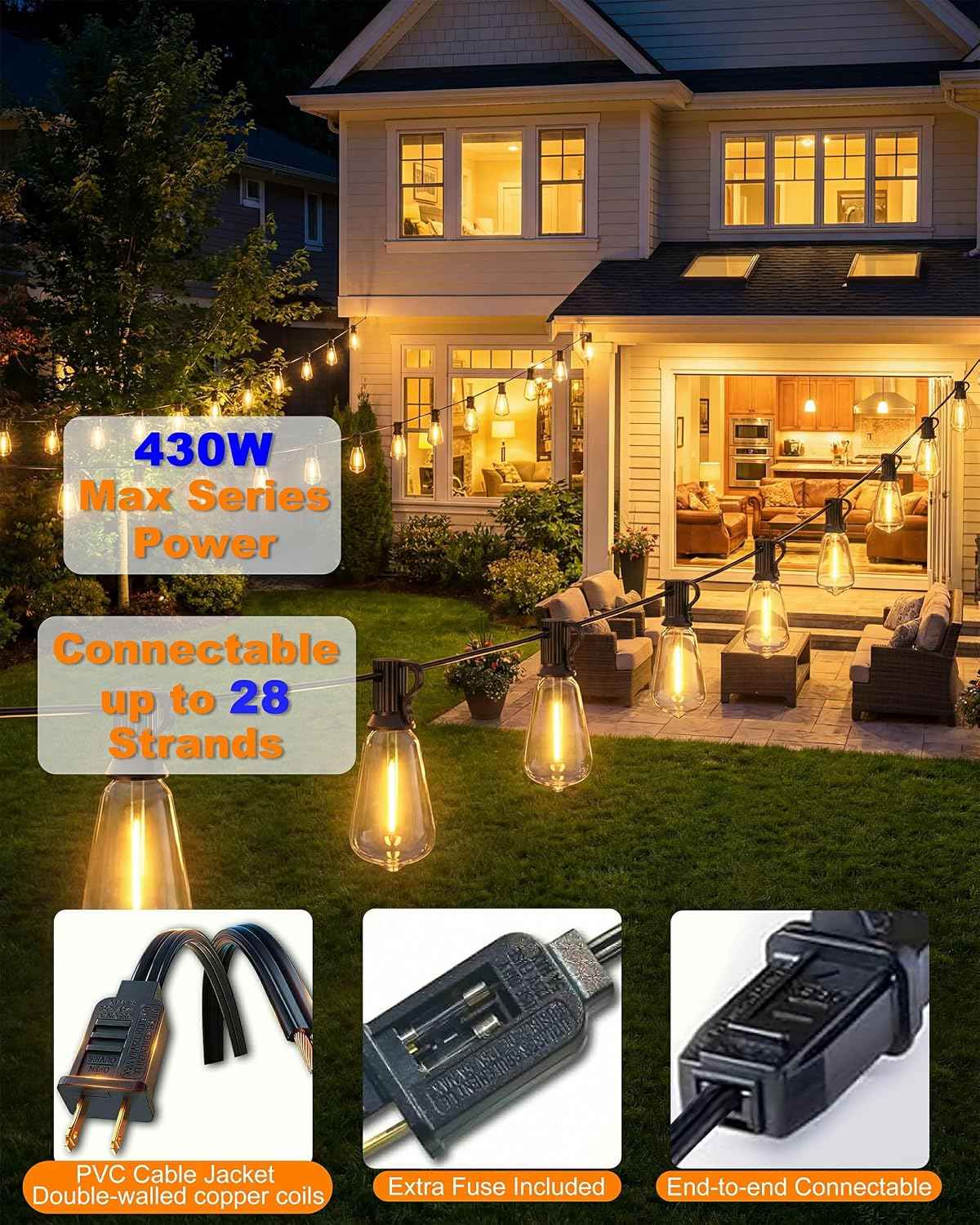 Outdoor String Lights, 108FT (30+1) ST38 String Lights for Outside | IP65 Waterproof, ETL Listed, Shatterproof, End-to-end Connection, Dimmable, 2700K LED Lights for Backyard, Balcony, Garden