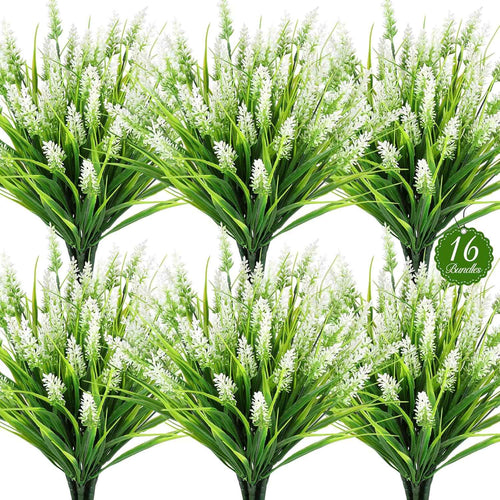 16PCS Artificial Flowers Outdoor, Fake White Monkey Grass Plants | UV Resistant, Plastic, Planter Filler for Hanging Baskets, Window Boxes & Planters, Porch, Patio Outdoor Decor