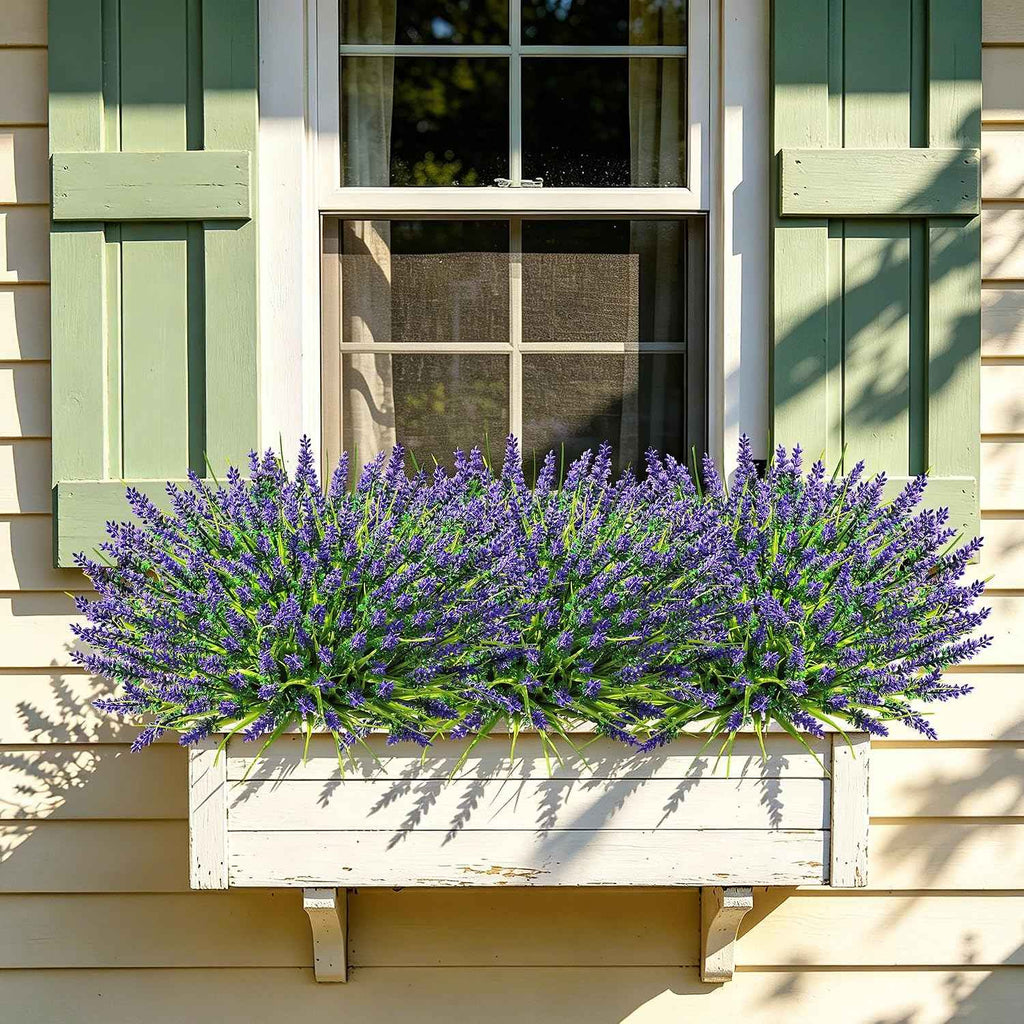 24 Bundles Faux Outdoor Plants, UV Resistant Artificial Fake Lavender Flowers with Monkey Grass for Outdoors, Realistic Faux Lavender Greenery Shrubs for Porch Yard Garden Window Box Home Decor
