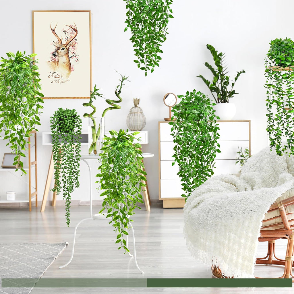Palonu 4 Pack Faux Artificial Hanging Plants, UV Resistant Fake Potted Greenery with Eucalyptus Vine, Mandala, Pea Pod Leaves & String of Pearls in Pots for Living Room Bathroom Indoor Outdoor Décor