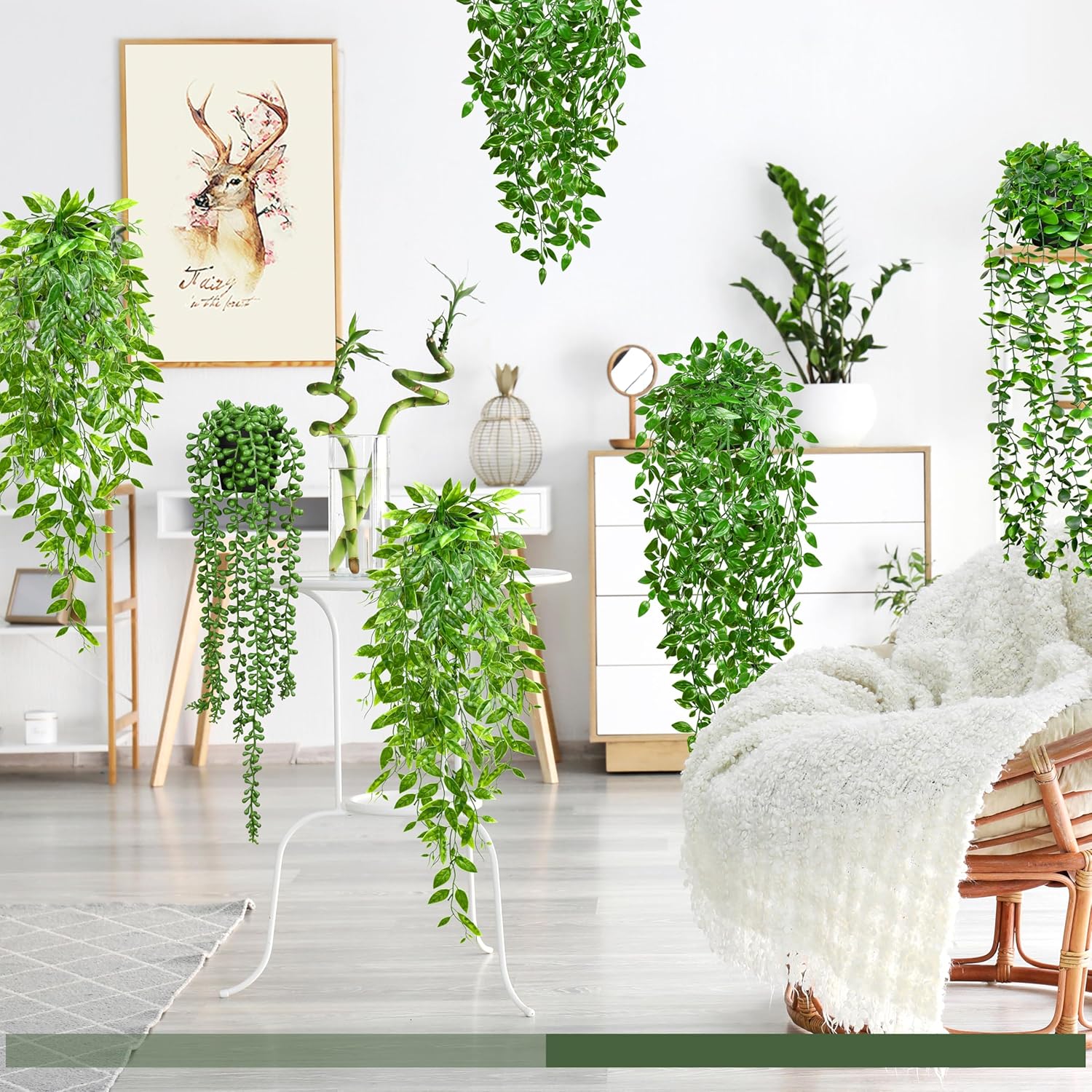 Palonu 4 Pack Faux Artificial Hanging Plants, UV Resistant Fake Potted Greenery with Eucalyptus Vine, Mandala, Pea Pod Leaves & String of Pearls in Pots for Living Room Bathroom Indoor Outdoor Décor