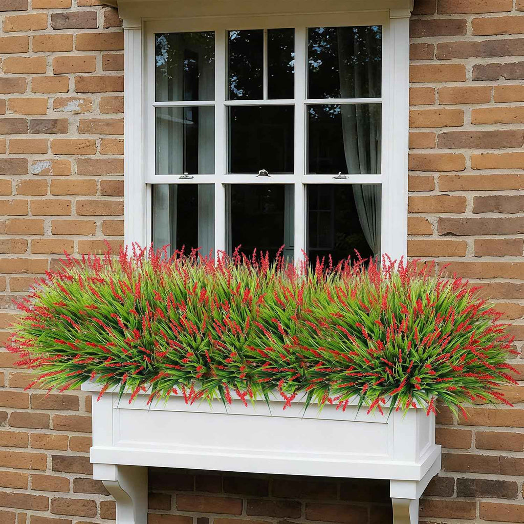 Ivydale 20PCS Artificial Plants Fake Flowers Monkey Grass for Outdoors,UV Resistant Realistic Red Faux Greenery Shrubs Outside Decor for Home Garland Porch Patio Balcony Planter Yard Office Pathway