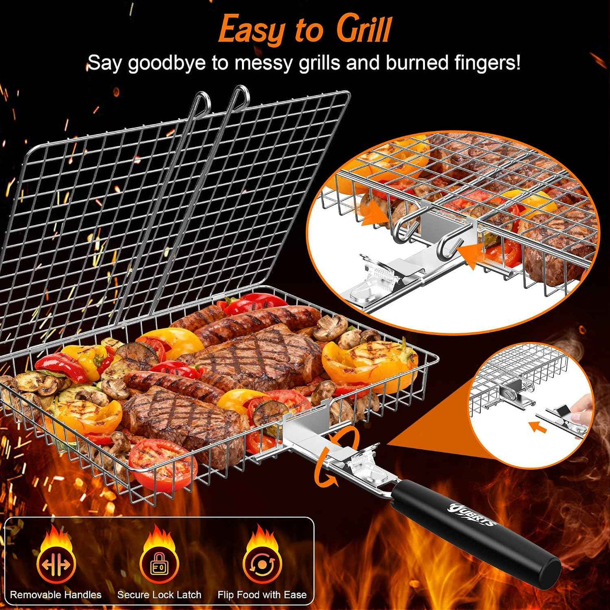 Grill Baskets for Outdoor Grill,Removable Wooden Handle,2PCS | Stainless Steel BBQ Grilling Basket,Camping Cooking Accessories for Meat Fish Vegetable Seafood, Gifts for Men Dad Husband