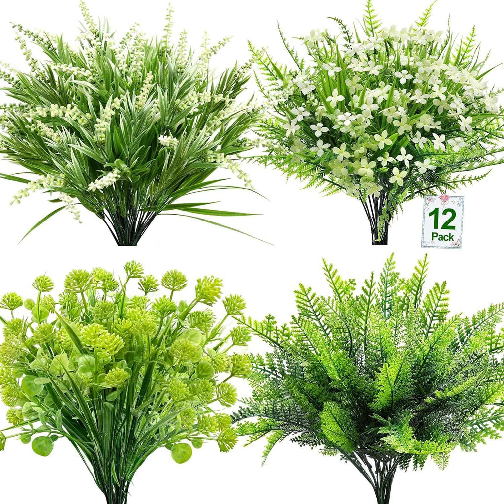 TURNMEON Artificial Plants Outdoor Fake Plants UV Resistant No Fade 12 Bundles 4 Styles Faux Plant Plastic Greenery Shrubs Boston Fern Lavender for Outside Gardens Porch Patio Indoor Home Decor
