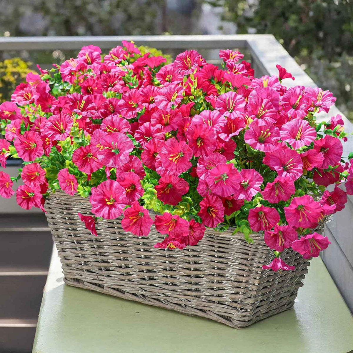 Artificial Flowers Fake Plants for Outdoors Decoration, 12 Bundles Silk Morning Glory with Eucalyptus Realistic UV Resistant Fuchsia Faux Flowers for Outside Planter Yard Patio Garden Home Indoor Urn