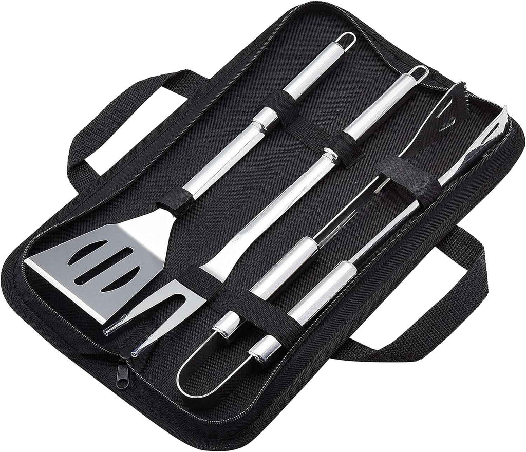 Amazon Basics 4-Piece Stainless Steel BBQ Grilling Tool Set with Carry Bag, Rust-Resistant, Dishwasher Safe