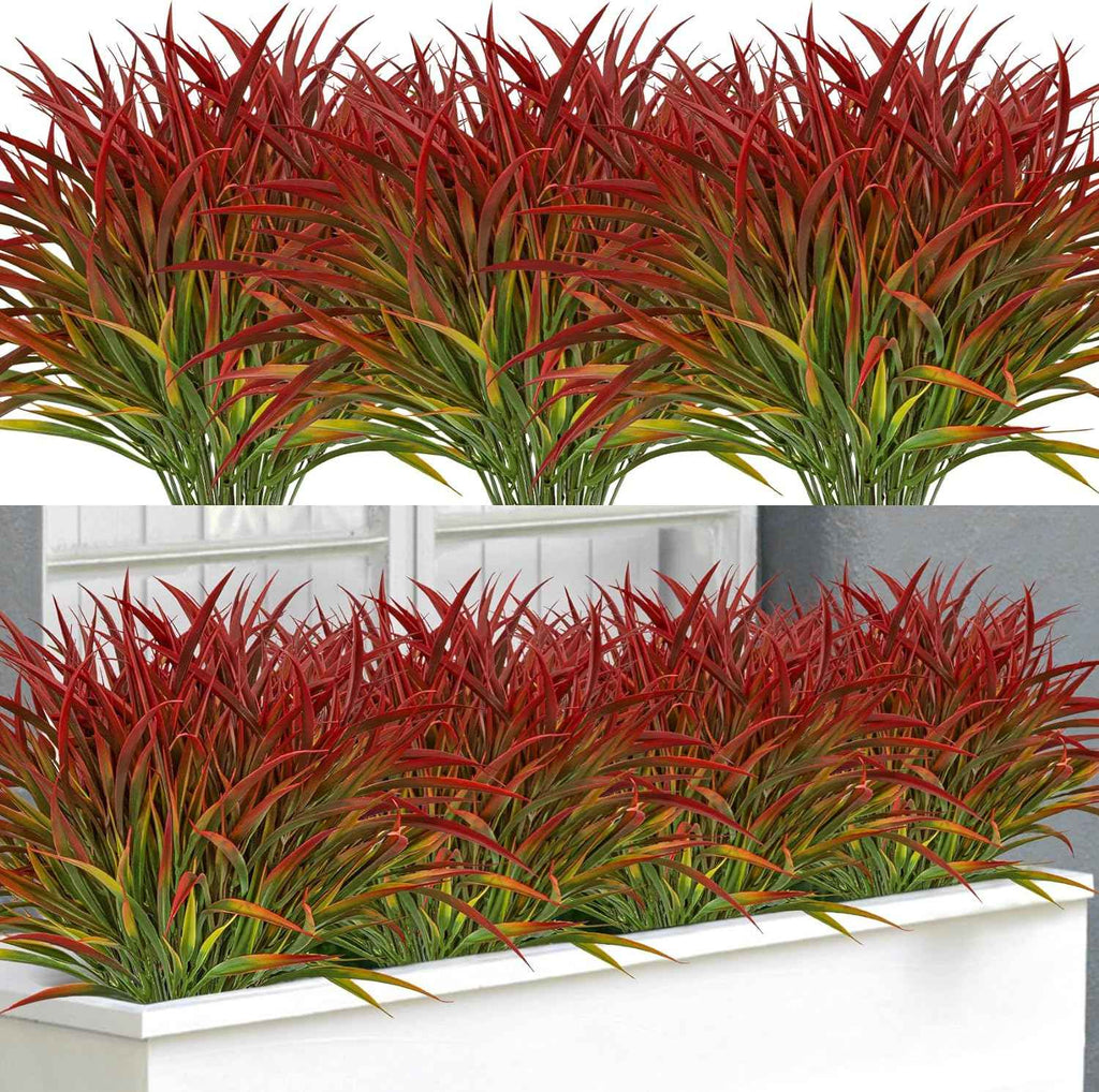 Ouddy Decor 16 Pcs Artificial Plants Outdoor Fake Fall Greenery Stems, Red | Faux grass, UV resistant, plastic plants shrubs, autumn Thanksgiving garden pathway window farmhouse front porch home decor