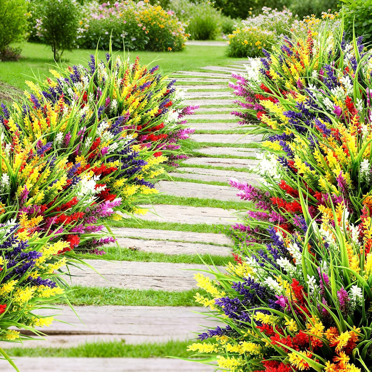 24 Bundles Artificial Plants Flowers Outdoor, UV Resistant,Mix 6 Colors | Faux Plants with Monkey Grass, Realistic Plastic Flowers for Garden Porch Window Box Patio Hanging Planter Decor