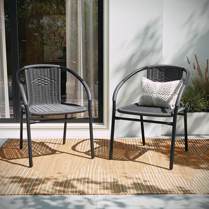 EMMA + OLIVER Set of 2 Modern Rattan Indoor/Outdoor Stack Chairs, Stacking - Image 6