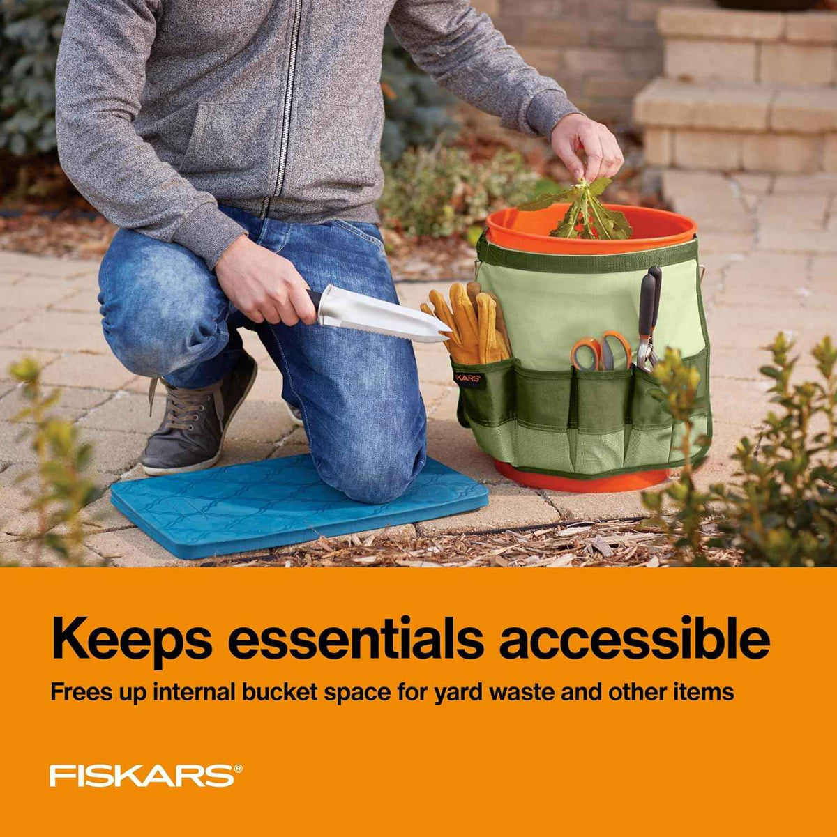 Fiskars 5 Gallon Garden Tool Bucket Caddy, Bucket & Tools Not Included | Canvas Caddy Fits Snug on a 5 Gallon Bucket to Carry All Your Gardening Essentials and Free Up Bucket Space for Yard Waste