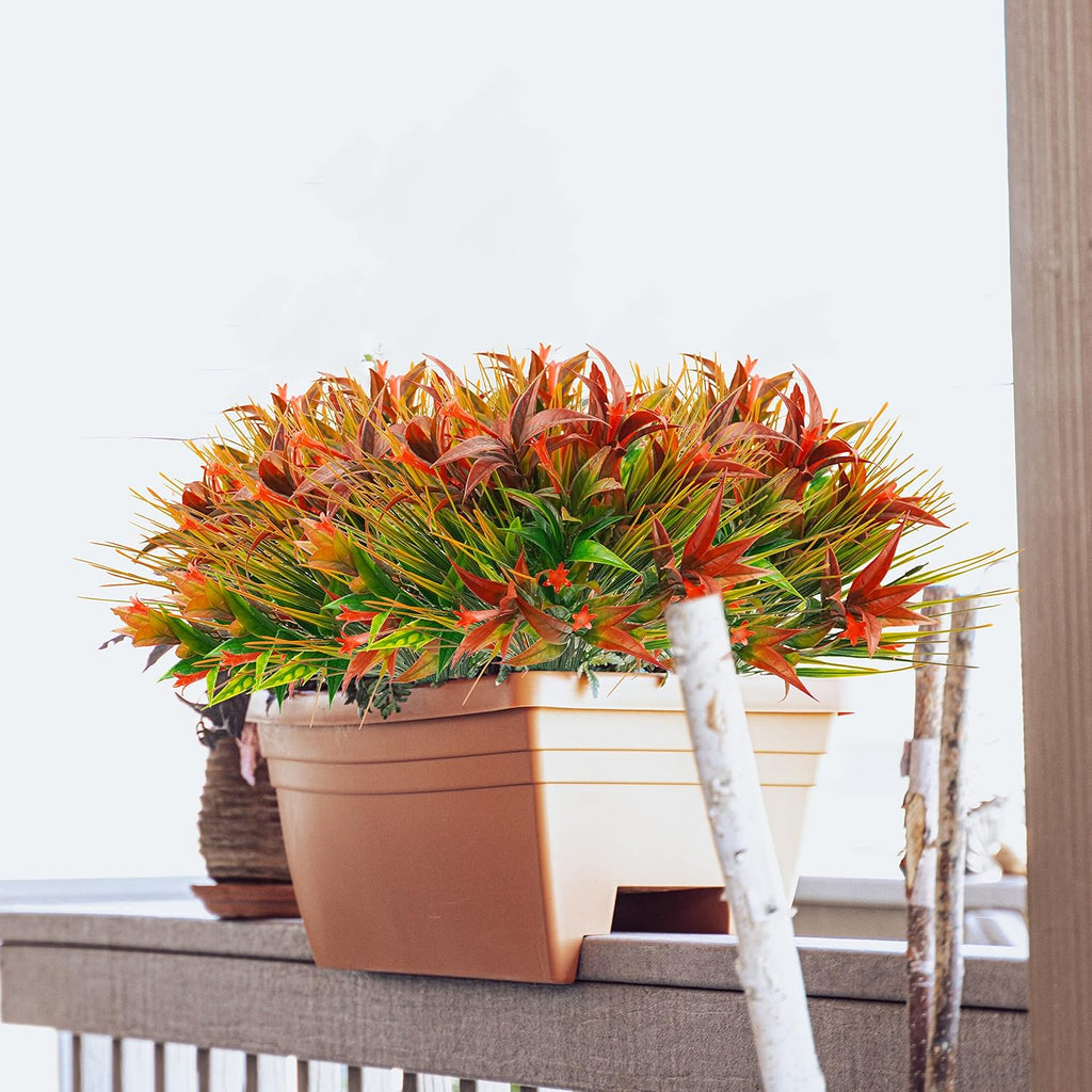 Uieke 6Pcs Outdoor Artificial Plants UV Resistant, Fake Morning Glory Flowers with Orange Grass, Tropical Flowers Fall Leaves Foliage for Garden Patio Sidewalk Décor Red