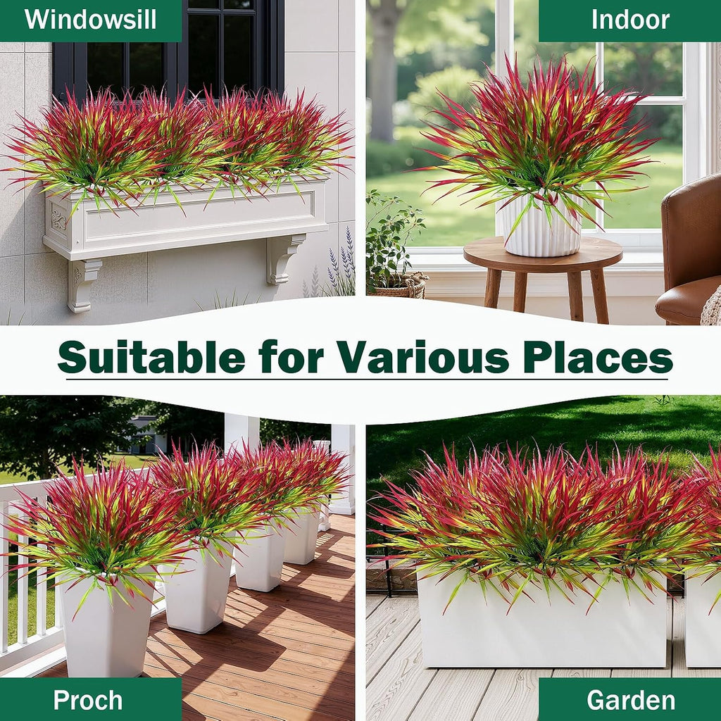 Uieke 12 Bundles Artificial Outdoor Plants UV Resistant Fake Grass Plants Faux Plastic Plants Greenery Shrubs for Home Garden Pathway Window Box Front Porch Spring Summer Decor, Deep Red