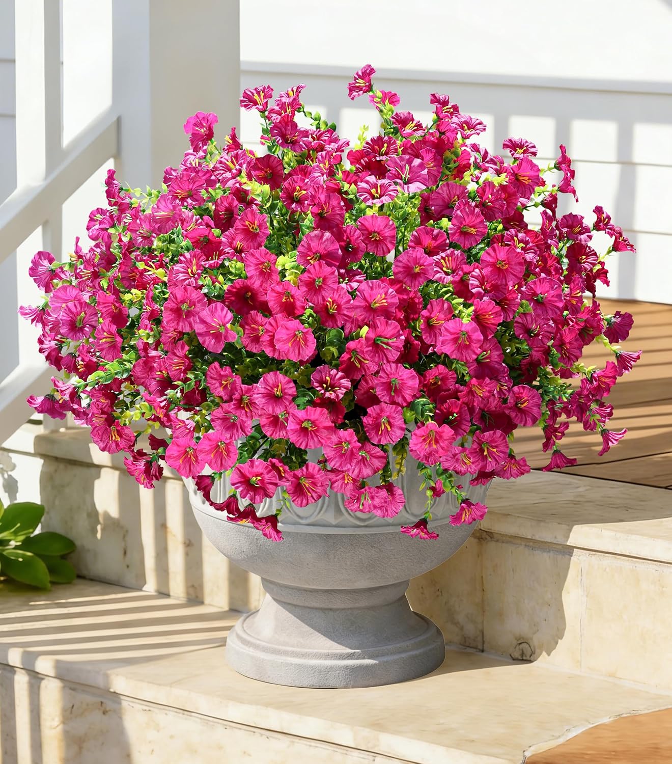 Artificial Flowers Fake Plants for Outdoors Decoration, 12 Bundles Silk Morning Glory with Eucalyptus Realistic UV Resistant Fuchsia Faux Flowers for Outside Planter Yard Patio Garden Home Indoor Urn