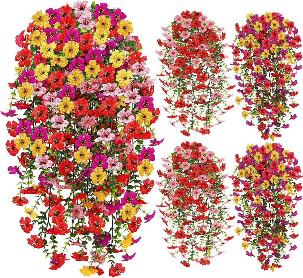 Artificial Flowers Hanging Plants 4 Pack Faux Vines Pothos Fern | UV Resistant Fake Plants for Indoor Outdoor Wall Decor Home Wedding Living Room Decorations Pink Purple Red Yellow