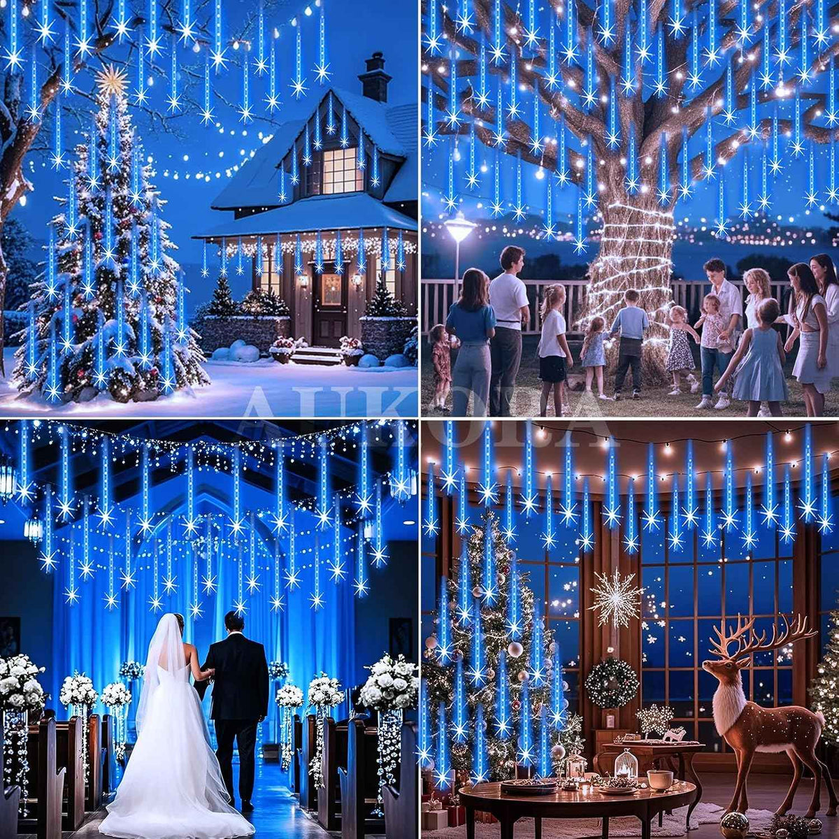 Aukora Christmas Lights Outdoor, UL Certified Blue Meteor Shower Lights | 8Tubes 192LED Falling Rain Drop Snow Icicle String Lights, Decor for Xmas Tree Party Wedding Holiday Yard Backyard Patio
