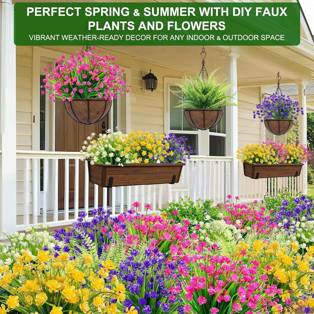 20 Bundles Artificial Flowers for Outdoors, Summer Spring Grass Camellia | Fake Flowers Fern Plants Eucalyptus, UV Resistant No Fade Faux Greenery for Garden Patio Outdoor Decor(Mixed 6 Styles 2)