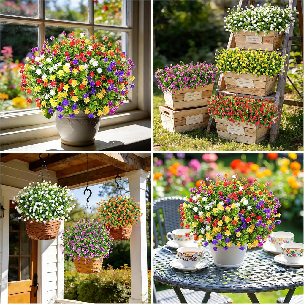 24 Bundles Artificial Flowers for Outdoors, Mixed Color | Faux plastic flowers, UV resistant, fake greenery shrubs plants, spring summer porch window garden planter home decor