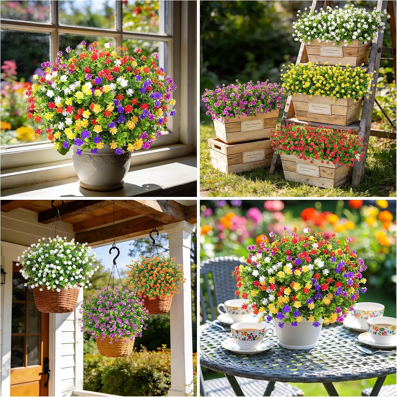 24 Bundles Artificial Flowers for Outdoors, Mixed Color | Faux plastic flowers, UV resistant, fake greenery shrubs plants, spring summer porch window garden planter home decor