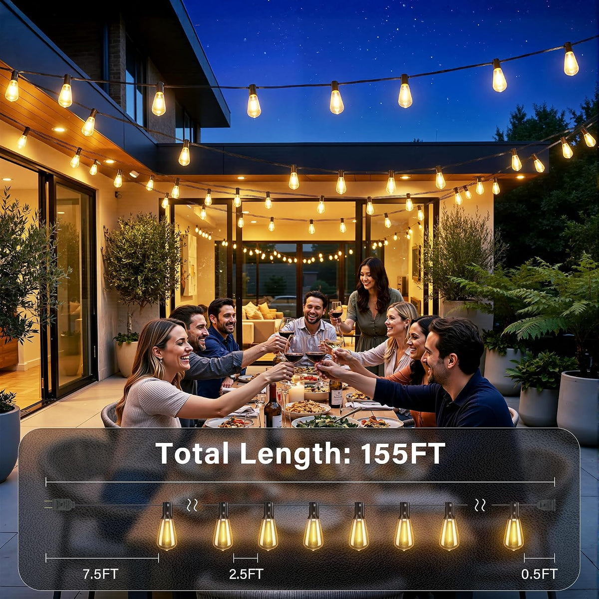 Ollny 155FT Outdoor String Lights, Shatterproof Connectable Patio Lights with 60 ST38 Edison LED Bulbs, 2200K Warm White Waterproof String Lights for Outside Backyard, Gazebo, Porch, Balcony, Bistro