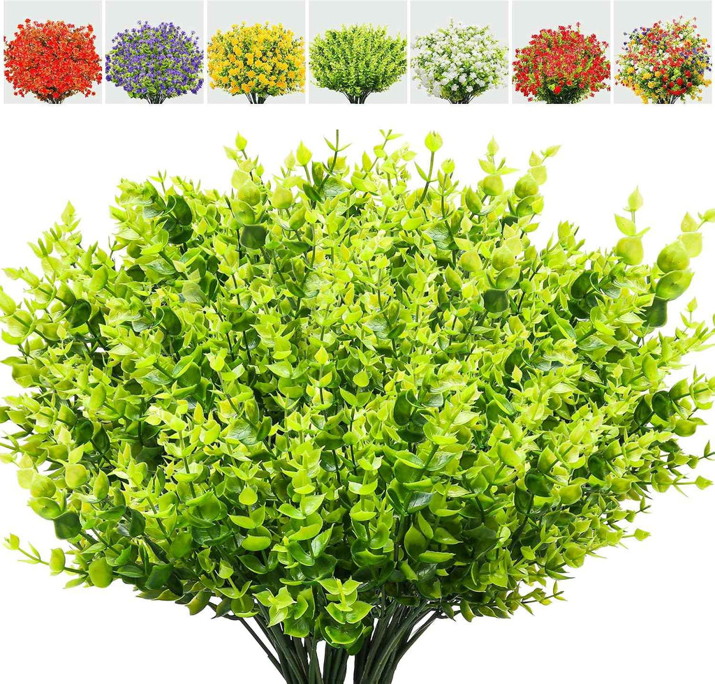 20 Pack UV Resistant Outdoor Artificial Flowers - Eucalyptus Plastic Flowers and Simulated Plants for Hanging Planters, Porches, Gardens - Weather and Fade Resistant (Greener)