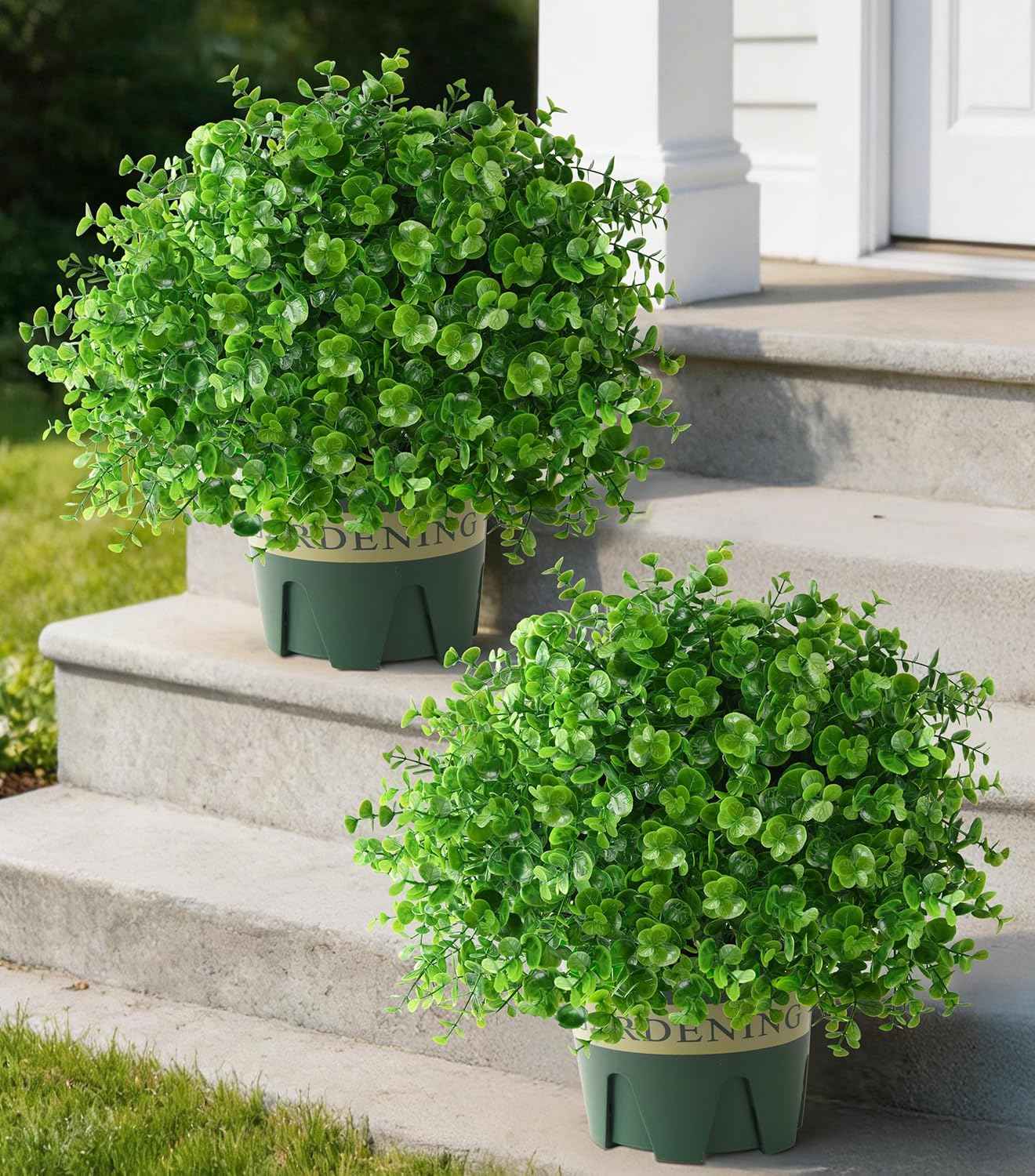 2 Pack Artificial Boxwood Topiary Trees Fake Plants for Outdoor Front Porch | UV-Resistant, Faux Realistic Greenery Potted Bushes with Pots for Front Door, Porch, Farmhouse, Garden Decor
