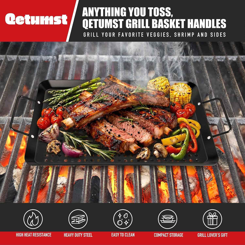 Qetumst Large 3 PCS Grill Basket Set for Outdoor Grill, Veggie Grilling Pan | Heavy duty grilling accessories. Vegetable grill baskets for veggies, seafood & meat. Warp resistant grill pan with handles.
