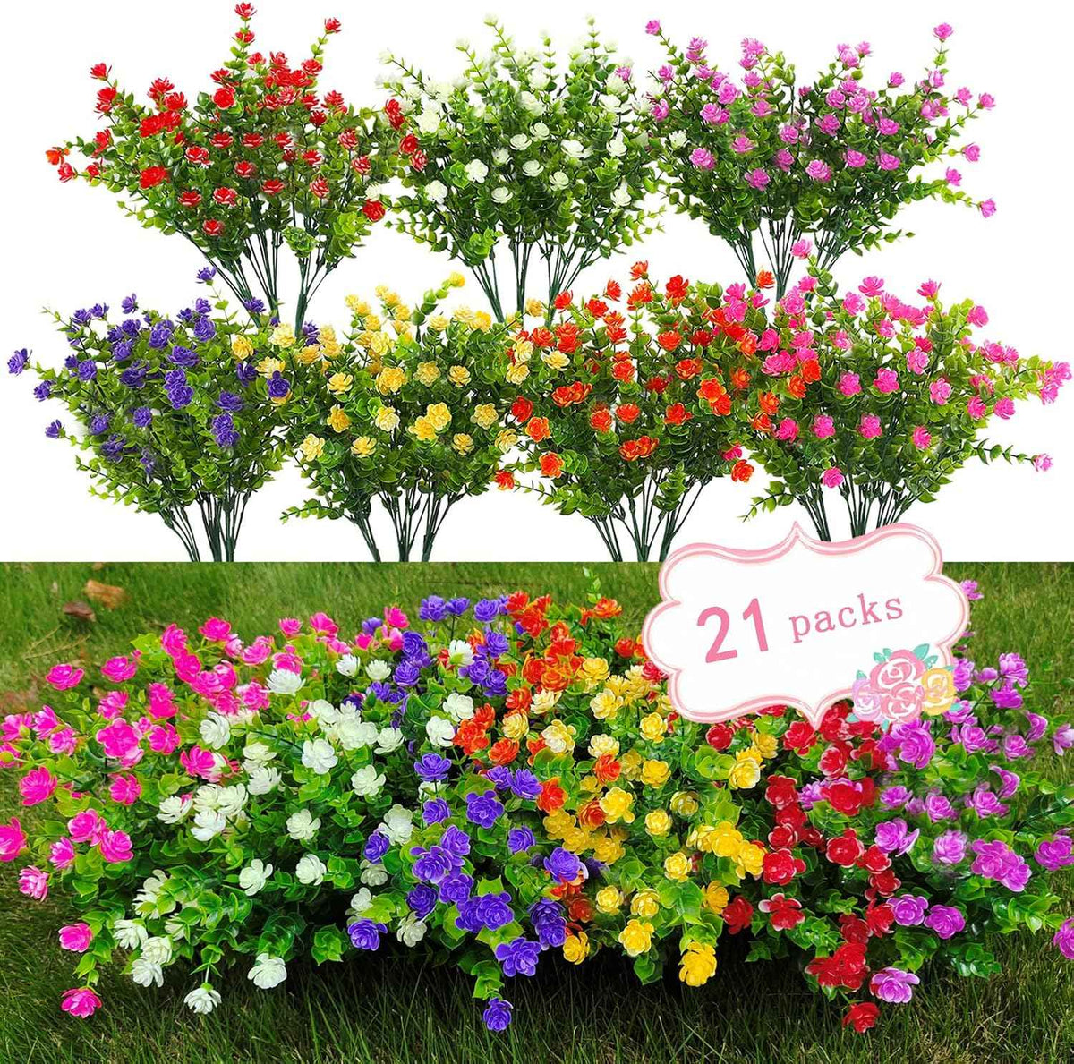 WEAUSUP 21 Bundles Artificial Outdoor Flowers Fake Plants & Greenery | PE Material,Maintenance-Free,Built-In UV Stabilizer, Waterproof Fade-Proof,Ideal for Indoor Outdoor Landscape Decor