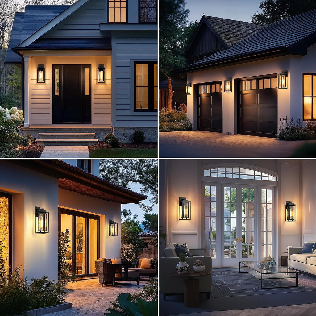 WIHTU 15.78'' Exterior Porch Light Fixture,Outdoor Wall Sconce Lights,Black | Water Ripple Glass , Rustproof Double Metal Frame, Waterproof. T30 Bulbs Included. 2 Packs, Outdoor & Indoor, For Porch