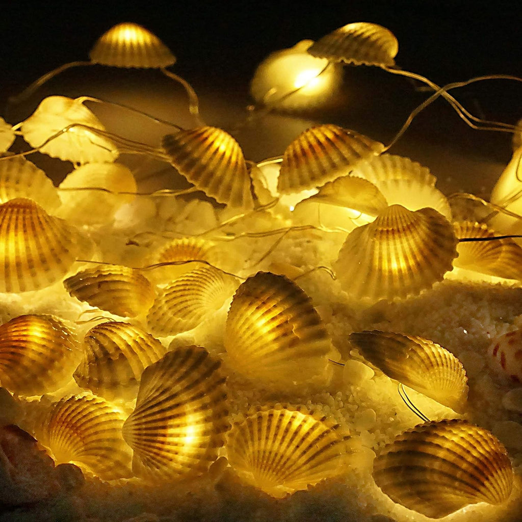 Natural Seashell String Lights 13.2ft 40 LED 8 Modes Warm White Weatherproof Battery Operated Ocean Theme Lights for Bedrooms Parties Weddings Gardens with Remote and Timer (Natural Shell)