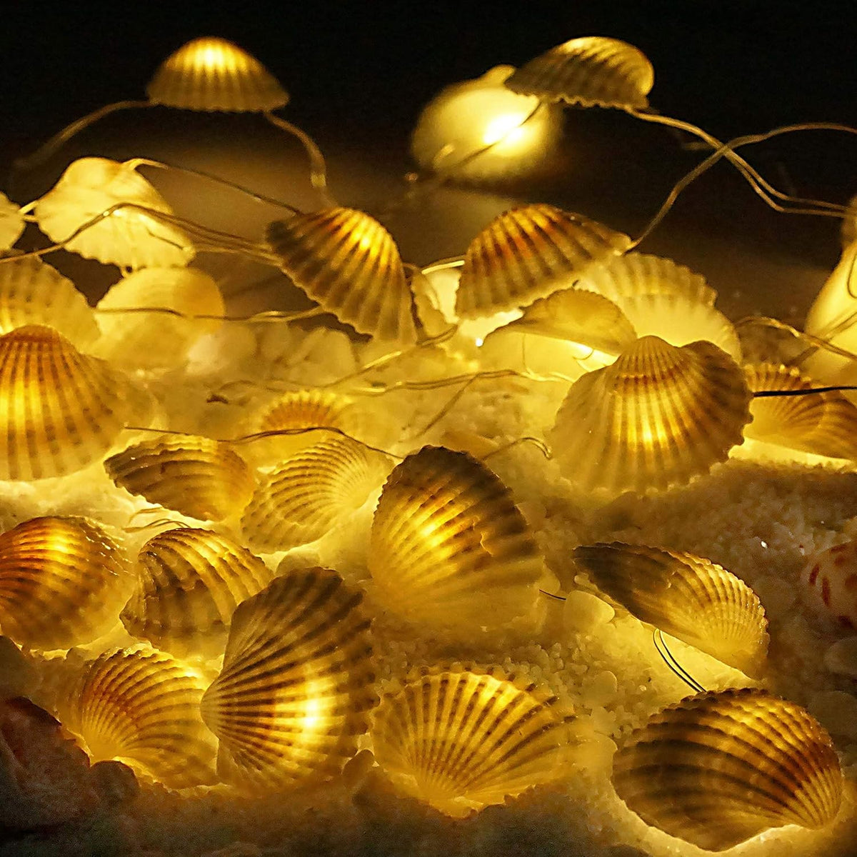 Natural Seashell String Lights 13.2ft 40 LED 8 Modes Warm White Weatherproof Battery Operated Ocean Theme Lights for Bedrooms Parties Weddings Gardens with Remote and Timer (Natural Shell)